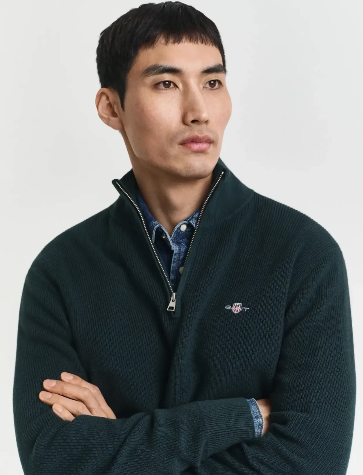 COTTON MERINO RIBBED HALF ZIP - Strik