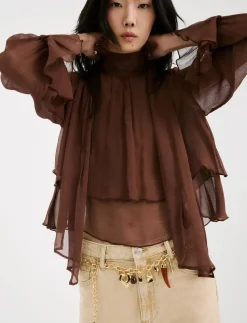 High-neck frilled blouse - Langærmede bluser