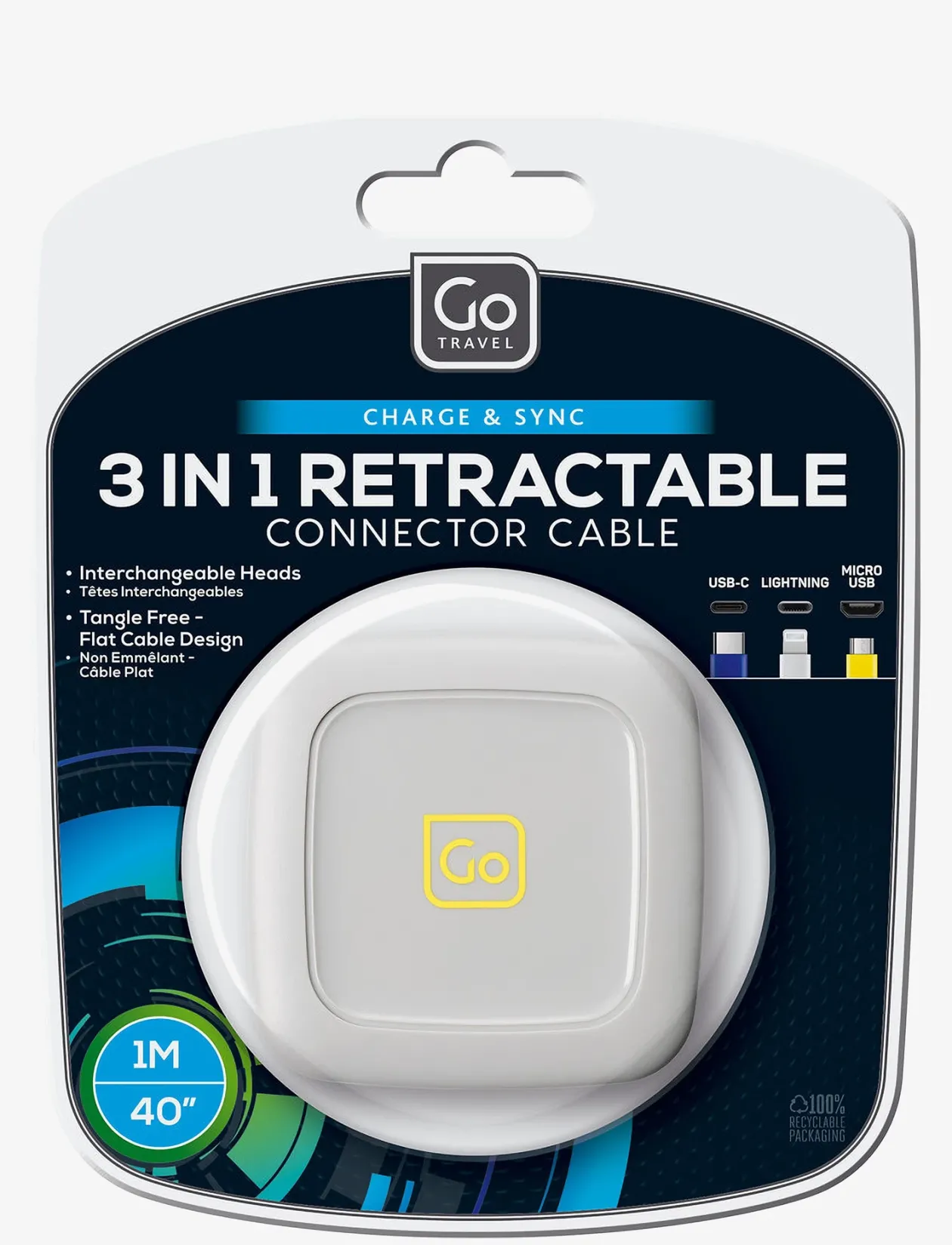 3 in 1 Retractable Connector Cable (1M) - Rejse tilbehør