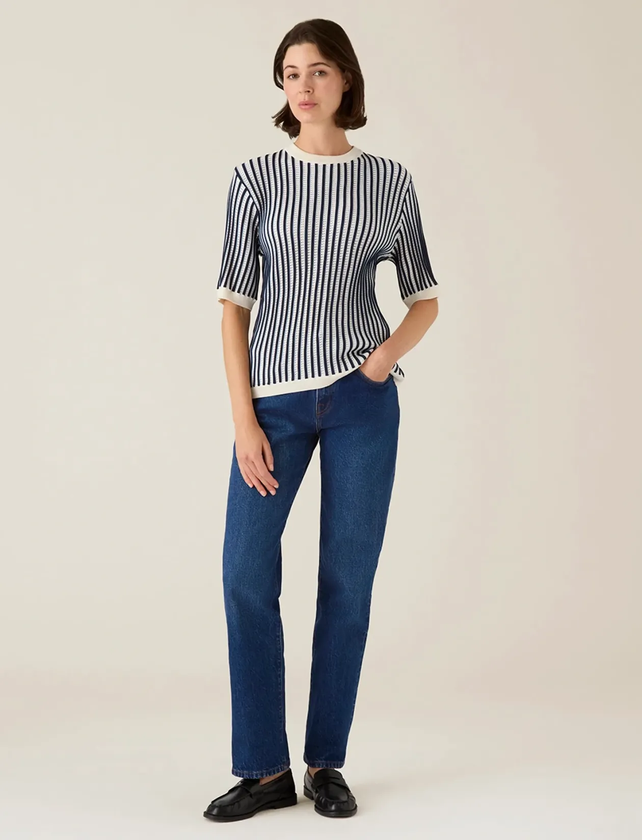 Multi Striped Short Sleeve Knitted Sweater - Strik