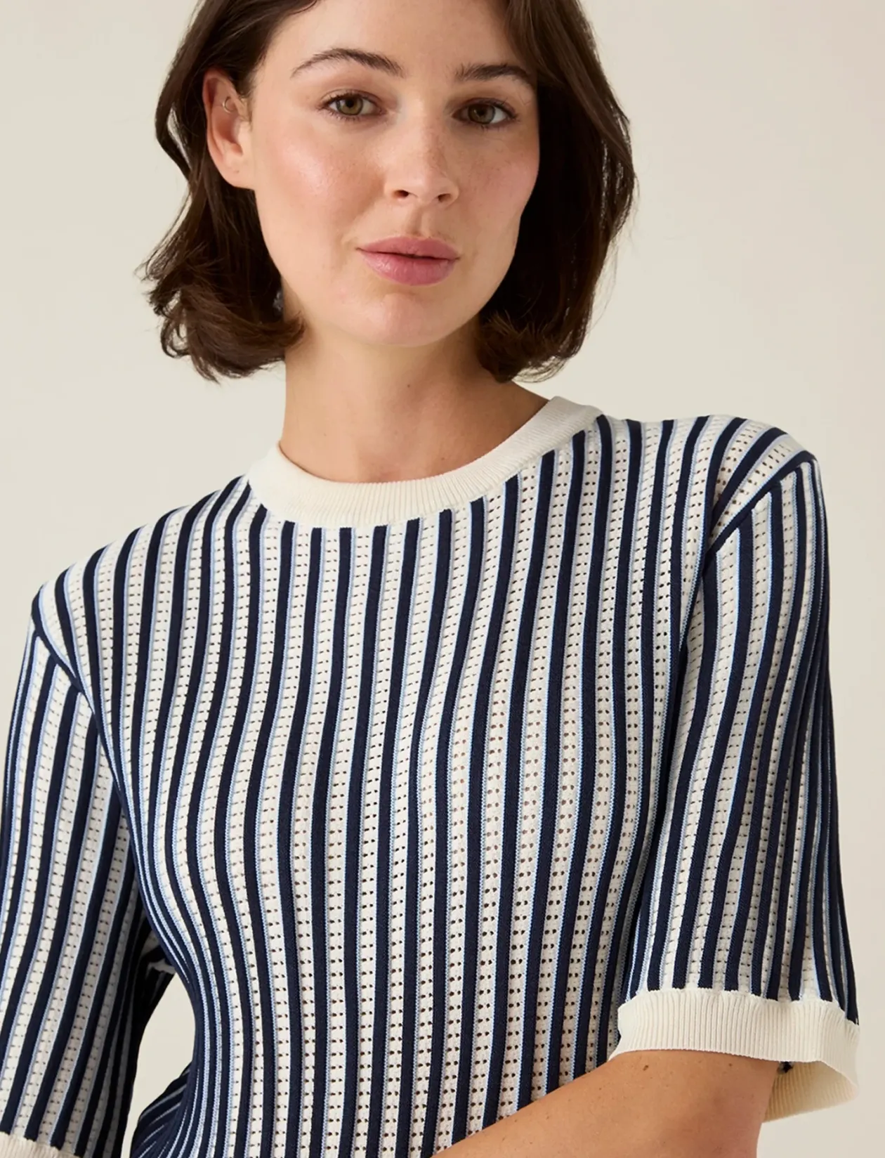 Multi Striped Short Sleeve Knitted Sweater - Strik