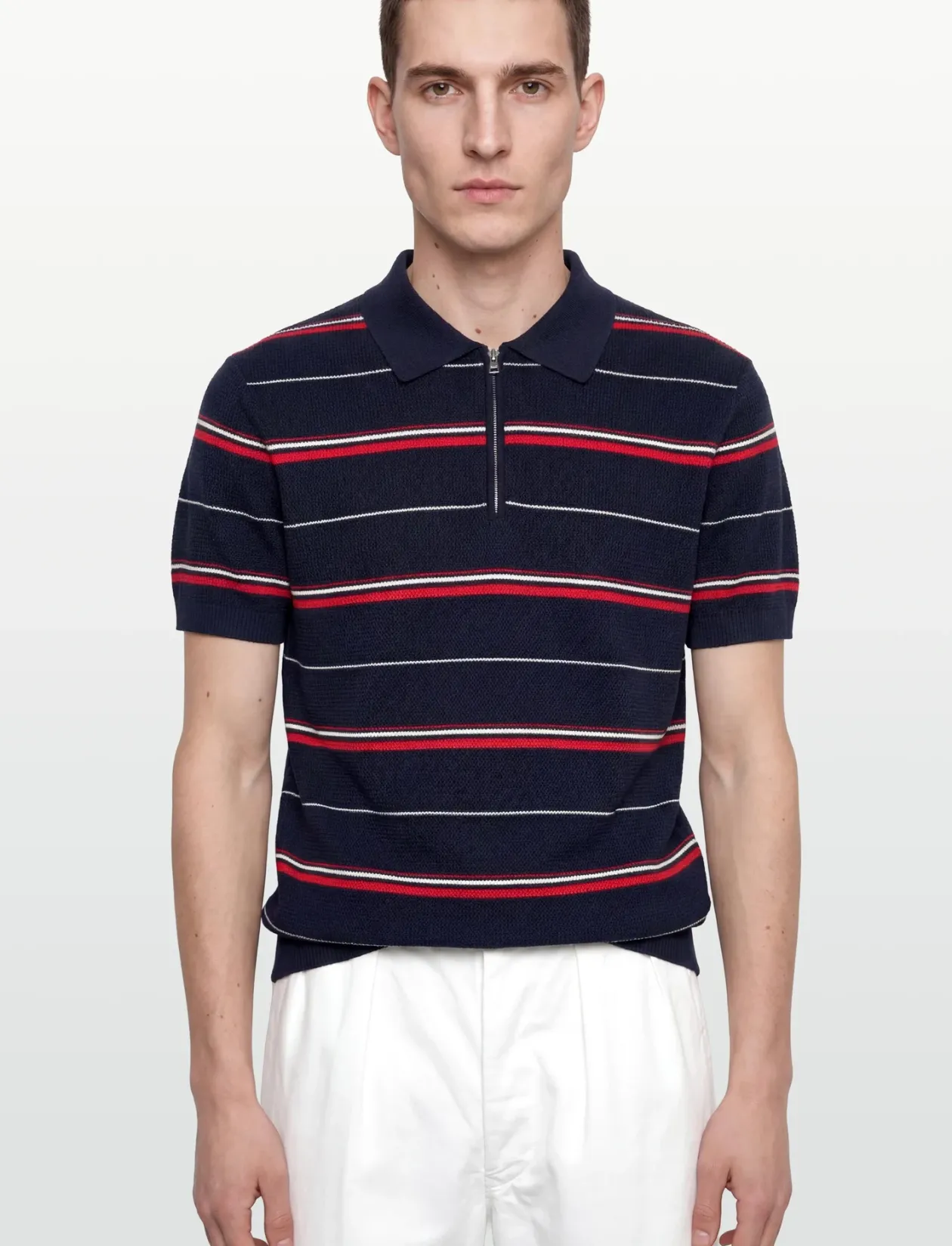 STRIPED TEXTURED ZIP POLO - Kortærmede